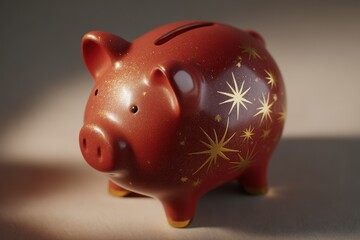 Close-up of a glossy red piggy bank decorated with shimmering gold stars, illuminated by soft, warm lighting, evoking a sense of holiday savings joy