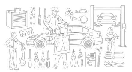 Line Art Illustration of Mechanics Performing Car Repair and Maintenance, Surrounded by an Extensive Collection of Automotive Workshop Tools and Equipment