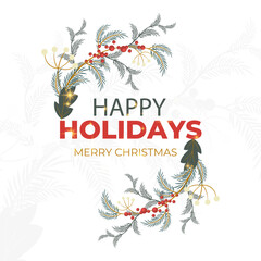 Merry and Bright Corporate Holiday cards. Universal abstract creative artistic templates with Christmas tree, birds, ornate floral frames and backgrounds