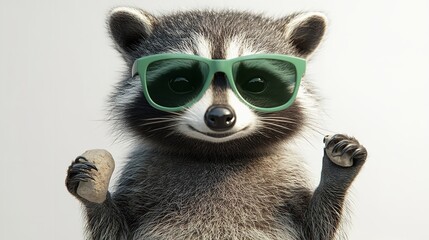 Raccoon wearing green sunglasses holding rocks with a white background looking at the viewer