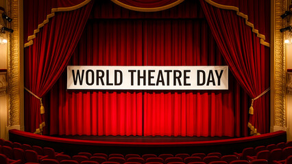 Grand theater stage with red velvet curtains and a banner celebrating world theatre day