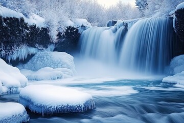 A breathtaking winter waterfall cascading over icy rocks into a turquoise pool, surrounded by snow-covered trees and frost