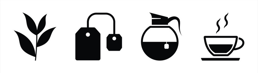 Tea Leaves, Teabags, Kettle, and Cup Icon Set
