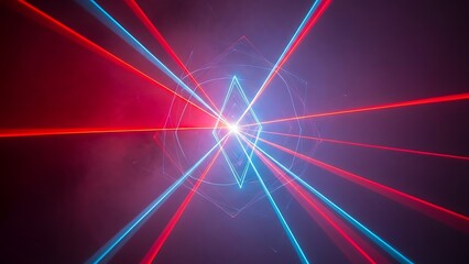 Abstract geometric pattern of intersecting red and blue light beams emanating from a central glow.