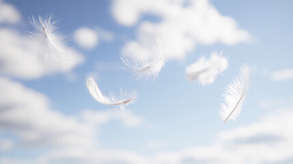 Soft white feathers floating in the air against a blue sky with fluffy clouds and cloud dancer color tones