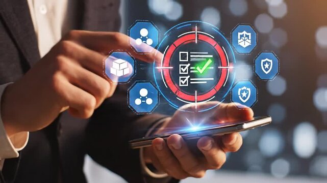 Businessman interacting with digital security and network interface on phone smartphone
