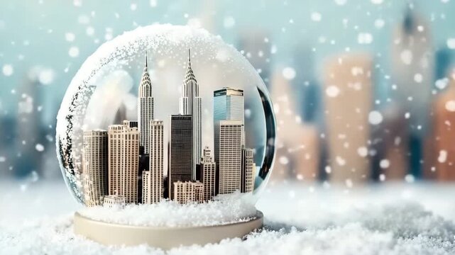 Miniature city skyline encased in glass with snow and skyscrapers creating a winter wonderland effect