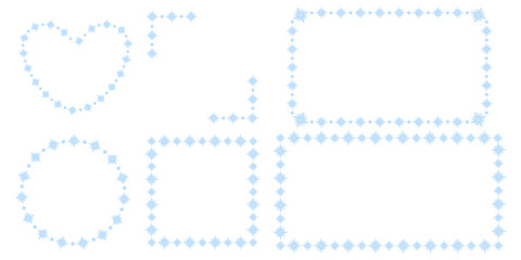 Blue snowflake frame set. Decorative vector borders. Heart, circle, square, rectangles. Isolated on white.
