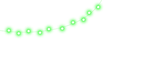 A curved string of glowing green fairy lights on a white background, creating a festive and magical atmosphere.