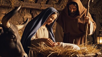 Nativity Scene: Mary and Baby Jesus - This video depicts a traditional Christian Christmas nativity scene, showing the Virgin Mary gazing lovingly at the infant baby Jesus in a manger filled with