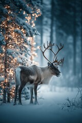 Naklejka premium Reindeer standing in snowy forest with magical Christmas lights. Reindeer standing in deep snow, illuminated by magical Christmas lights in a winter forest