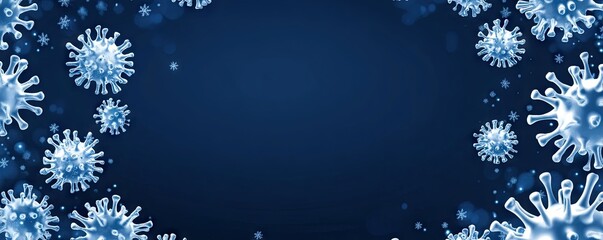 A dark blue background framed with glowing blue-white virus particles arranged