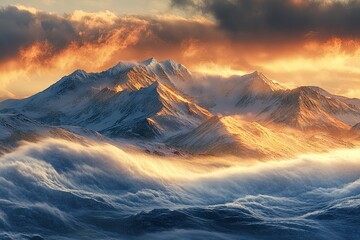 Sunrise over the snow-covered mountains, clouds rolling in the distance, golden light shining on snowy peaks