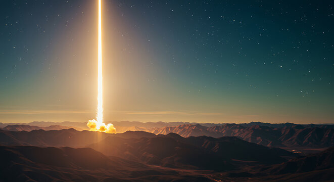Beam of light ascending to the stars over mountains landscape