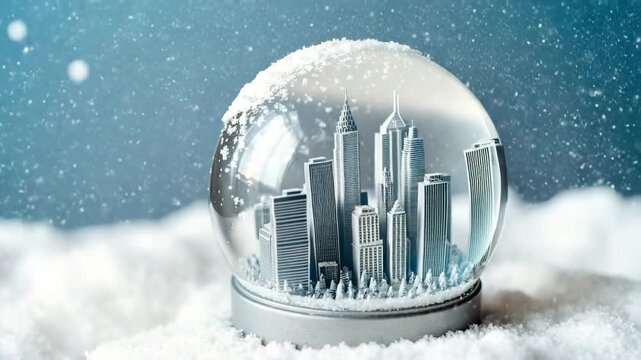 Miniature city skyline encased in glass with snow and skyscrapers creating a winter wonderland effect