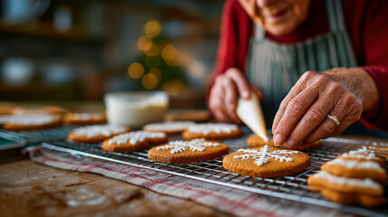 Close-up of an elderly woman's hands decorating cookies with icing for Christmas dinner, a grandmother's favorite baked goods for her grandchildren, a copy space with Merry Christmas wishes