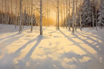 The golden glow of the setting sun bathes snow-covered trees in an ethereal light, casting long shadows on pristine white fields and meadows blanketed