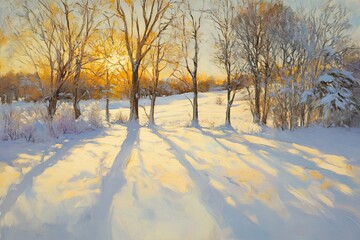 Obraz premium The golden glow of the setting sun bathes snow-covered trees in an ethereal light