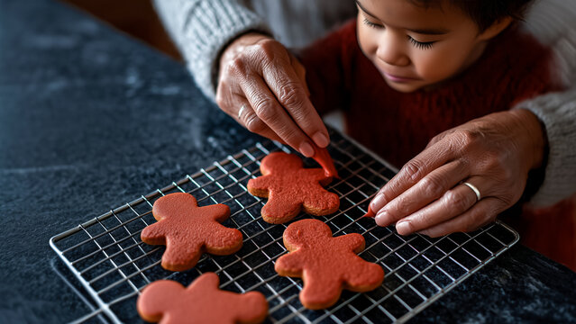 grandmother and her granddaughter decorate gingerbread men cookies, sharing family time and experiences, family ties and the tradition of favorite Christmas baking