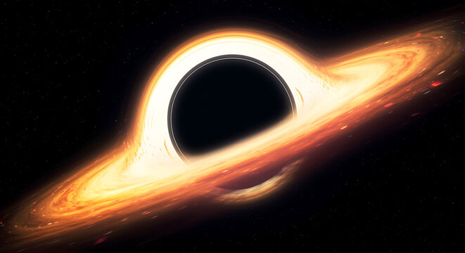 Black hole depiction with accretion disk in deep space cosmos