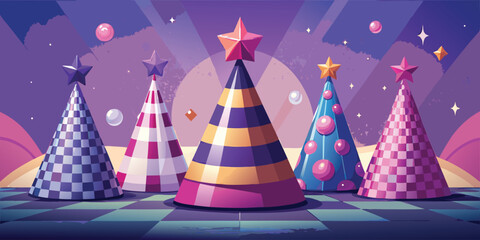Whimsical party hats arranged in a festive and colorful display