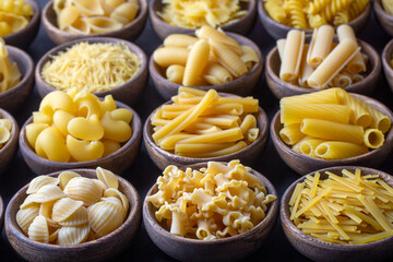 Composition with different tasty uncooked pasta - Italian pasta wallpaper, different types and shapes of pasta layout