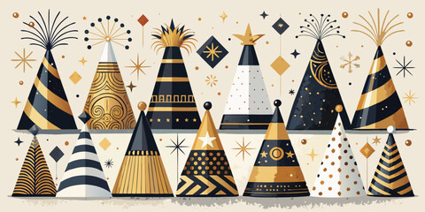 Festive collection of decorative party hats in black gold and white