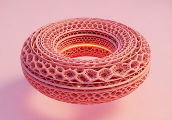 Abstract pink 3D geometric torus structure with intricate lattice pattern and inner glow