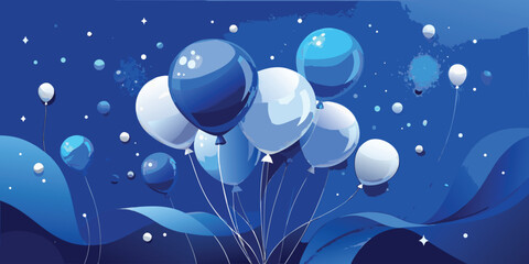 Blue balloons exploding from an open gift box with confetti and sparkles