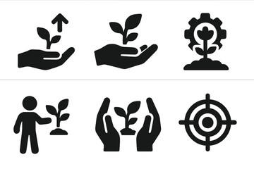 Evolution Motifs Icons. Solid style icons of central evolution motifs: guided growth, nurtured development, cultivated progress,