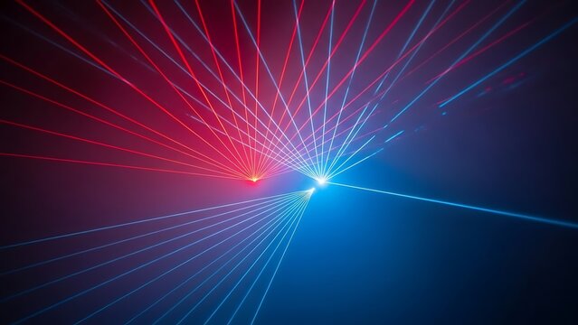 Dynamic red and blue laser light show beams intersecting in a smoky dark environment.