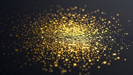 Abstract background of sparkling golden glitter dust scattered on a dark surface.