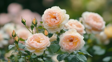 Delicate peachy pink roses blooming in a garden with soft focus background