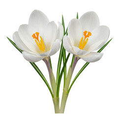 Fototapeta premium Two delicate white crocus flowers with vibrant yellow centers and green leaves, macro against immaculate white background with copy space, evoking spring freshness and purity concept