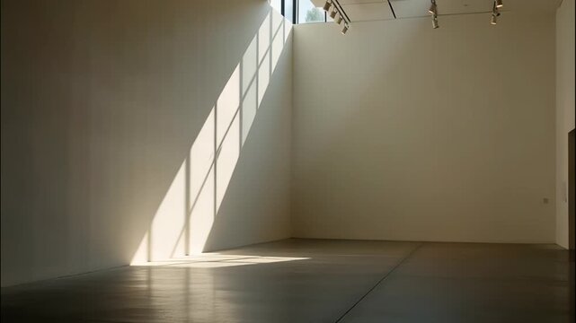 Sunlight passing through modern window creating shadows on empty white wall and floor, time lapse of light movement