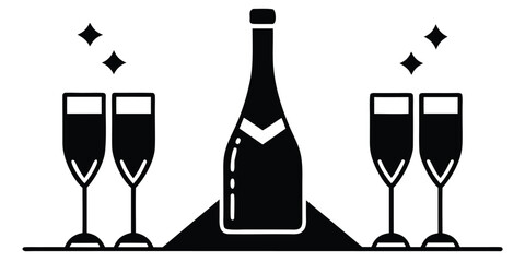 Champagne bottle and glasses with sparkles celebration illustration