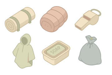 Weekend Hiking Essentials. Isometric vector illustration set Weekend hiking preparation and trail essentials: lightweight tent