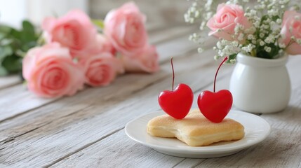 Mille feuillant cake topped with heart shaped cherries in a setting with roses and soft colors for Valentine's Day celebration