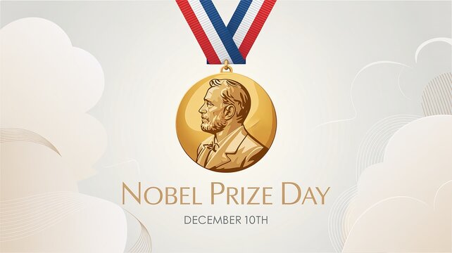 Nobel Prize Day &ndash; golden Nobel medal with red, white and blue ribbon on light background, December 10th
