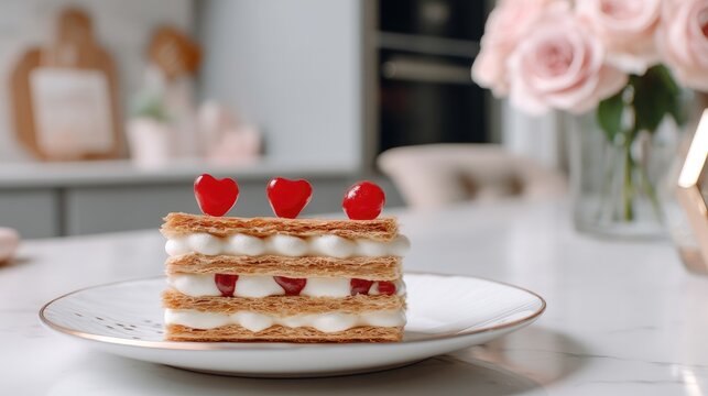 Mille feuille cake with heart shaped maraschino cherries on a pastel pink table with roses for a sweet Valentine's Day celebration