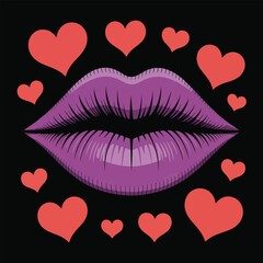 Stylized purple lips illustration with prominent red hearts floating around, depicting themes of love, romance, passion, and flirtation in a pop art comic style.