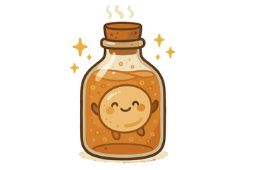 Playful Kombucha SCOBY. A happy fermenting kombucha bottle with a playful SCOBY character floating inside, little stars around,