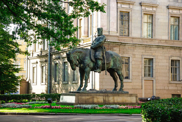 A bronze equestrian statue of Emperor Alexander III in St. Petersburg, Russia. Ideal for historical, cultural, or travel-themed content