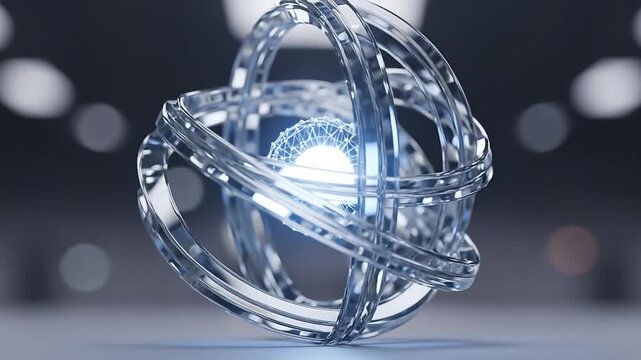 Rotating metallic gyroscope with glowing core and reflective orbital rings for tech visuals.