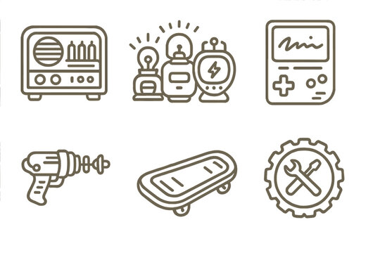 Vintage Line Mod Icons. Line style icons of collectible mods: rare tube radio mod, glowing vintage gadgets, signed retro-tech