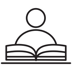 Black line drawing Person seated at desk reading an open book symbolic illustration of learning knowledge with