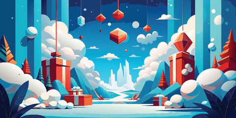 Whimsical winter wonderland with gifts and festive decorations