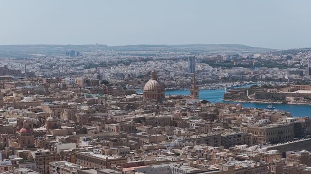 Aerial View of Valletta&rsquo;s Historic Skyline With the Carmelite Dome and Harbour &ndash; 4K Drone Footage