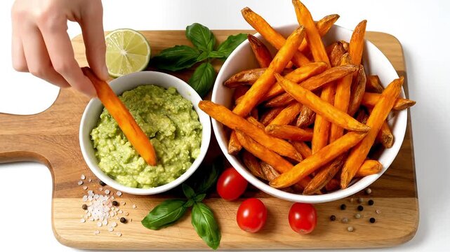 Hand picking crispy baked sweet potato fry and dipping into creamy fresh avocado guacamole bowl on wooden board with lime and basil for delicious healthy vegan appetizer or party snack concept
