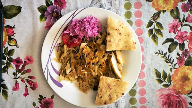 Pink floral cream food table product object kitchen cooking dinner lunch tasty breakfast plate vegetables